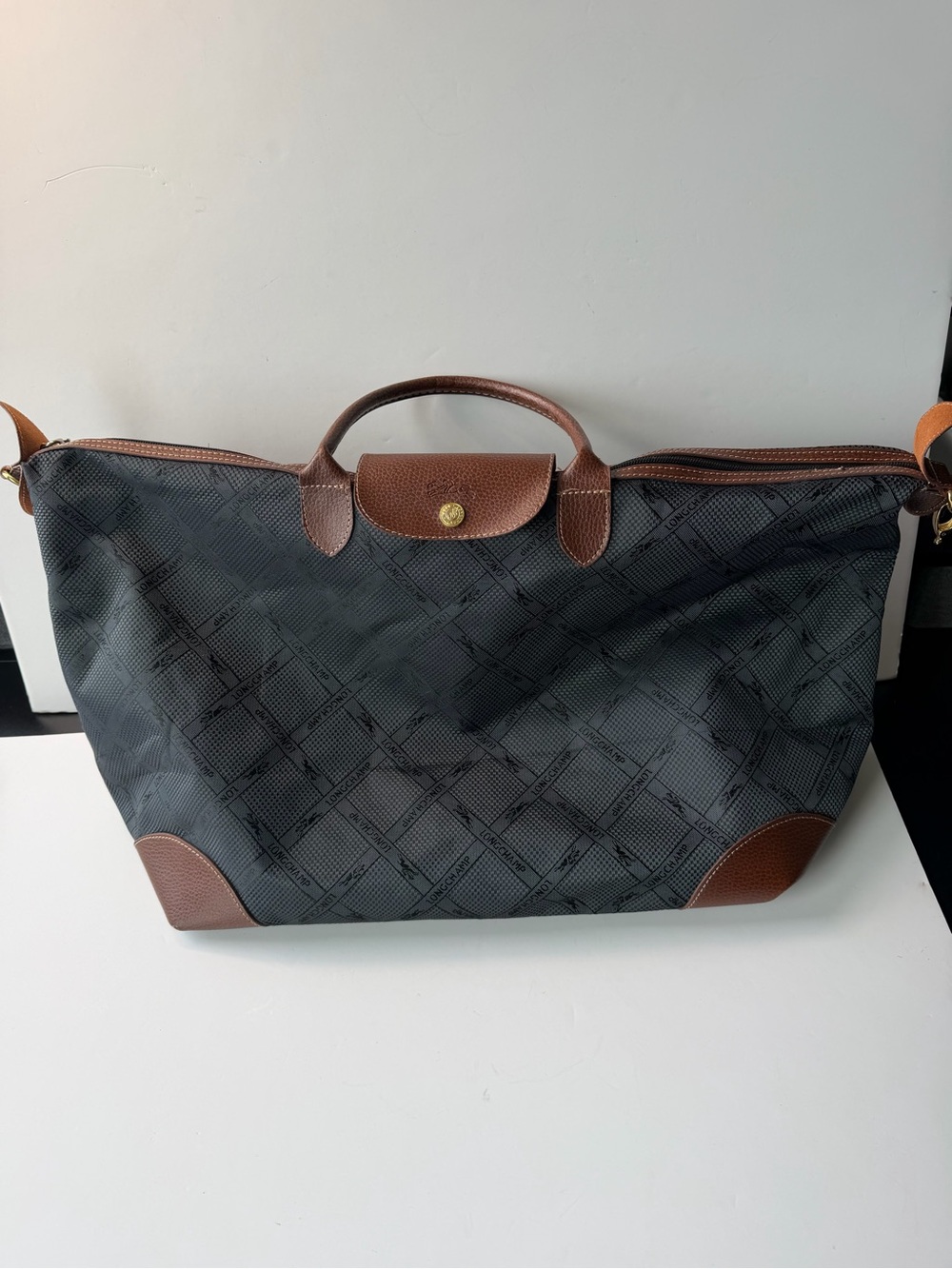 Longchamp Le Pliage Lattice Logo Horse Print  Nylon Tote - Brown/ Grey Ltd.